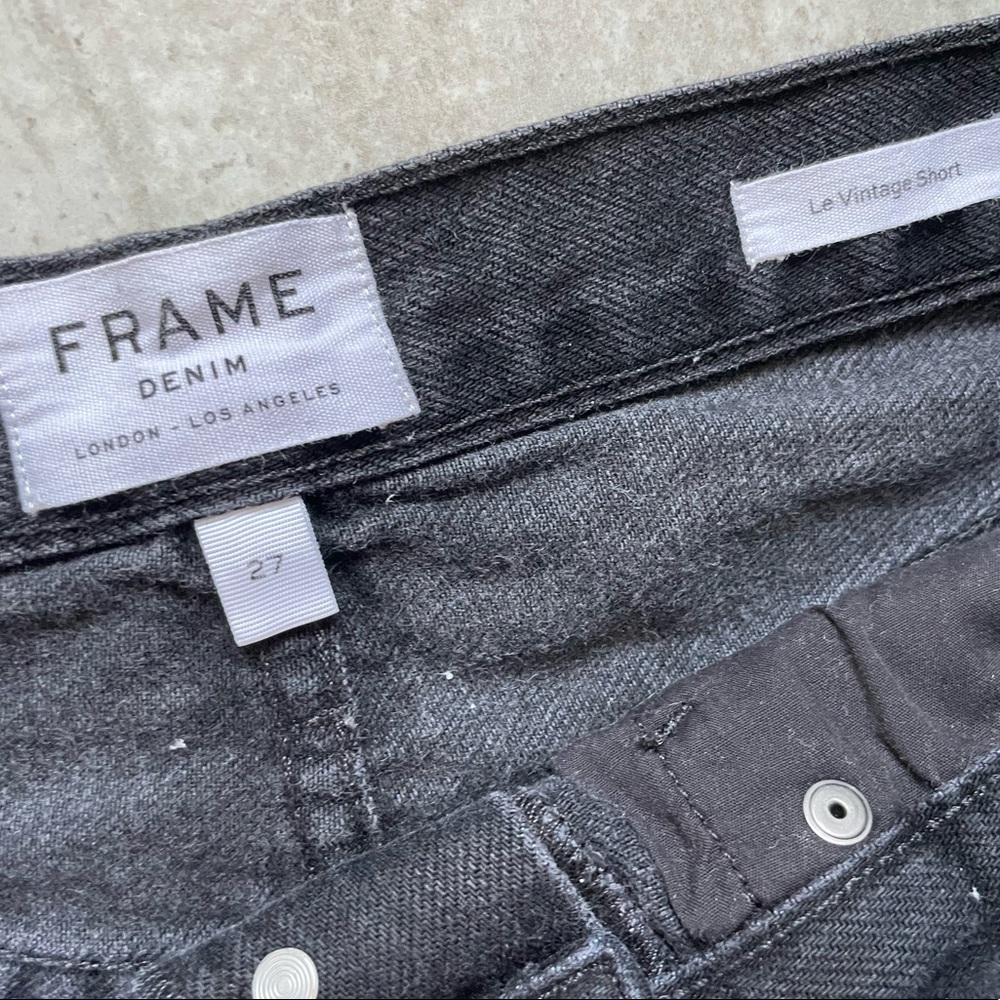 FRAME Le Vintage Black Denim High Rise Shorts | Frayed Hem | Exposed Button Fly - Picture 7 of 8